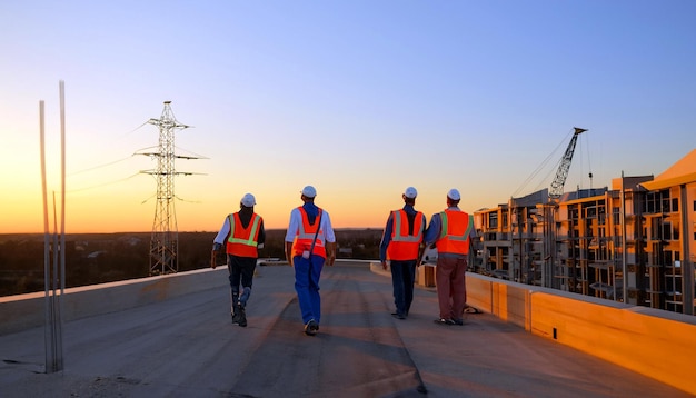 Construyendo sueños Foto gratis de trabajadores de la construcción al atardecer Testigos del arte del progreso