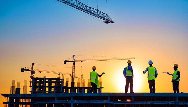 Construyendo sueños Foto gratis de trabajadores de la construcción al atardecer Testigos del arte del progreso