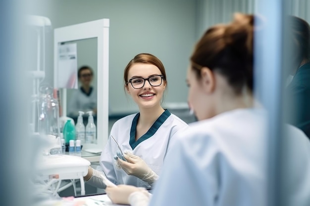 Consulta al dentista y sonrisa del paciente para la salud bucal en una clínica dental creada con IA generativa