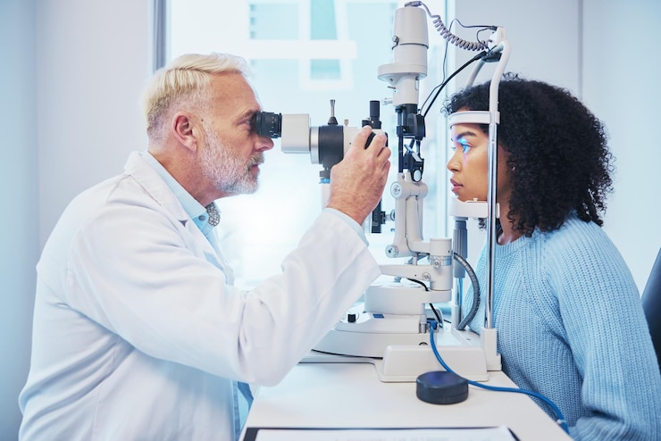 Foto consulta de exame oftalmológico e laser com médico e mulher negra para oftalmologia de saúde e lente de glaucoma médica e bem-estar com paciente e optometrista na clínica para lista de verificação de visão e ajuda