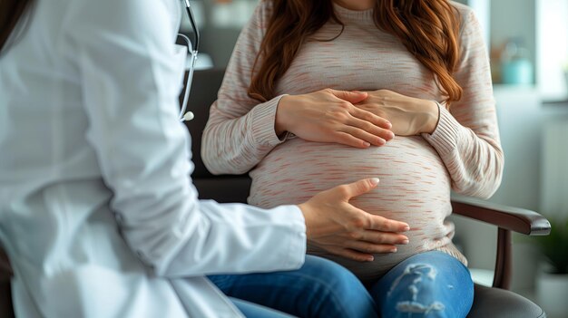 Foto consulta ginecológica mujer embarazada sonriente visitando a su médico obstetra en la clínica de maternidad