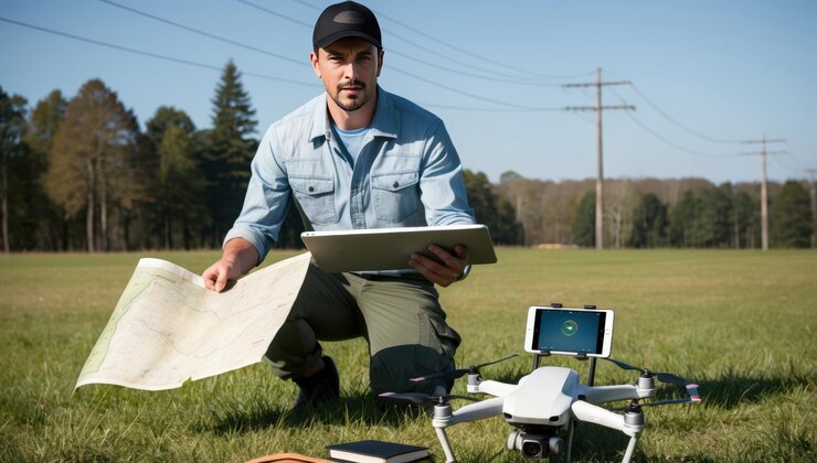 Foto consulta de mapas en un campo con equipo de drones