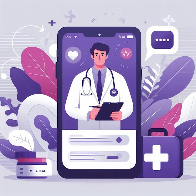 Consulta médica digital Una ilustración vectorial de un médico en la pantalla de un teléfono inteligente