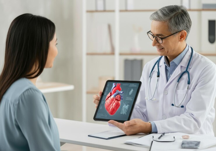 Consulta médica con una paciente asiática y un médico caucásico discutiendo la salud del corazón