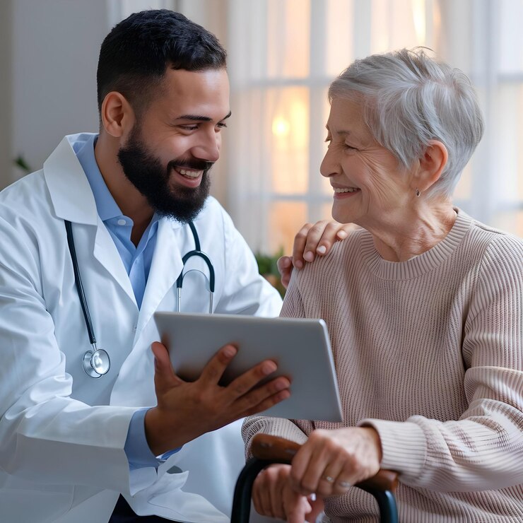 Consulta de médicos de atención médica compasivos con pacientes de edad avanzada