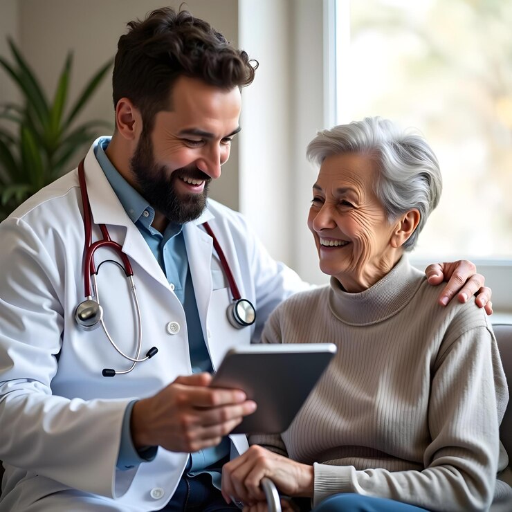 Consulta de médicos de atención médica compasivos con pacientes de edad avanzada