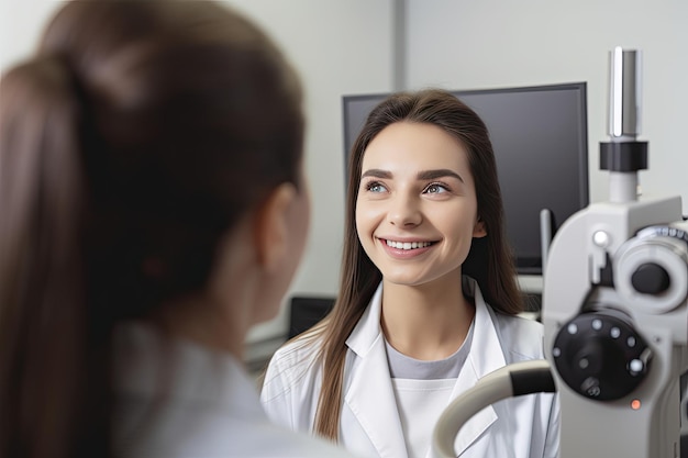 Consulta de oftalmología con paciente y médico sonriendo generativa IA