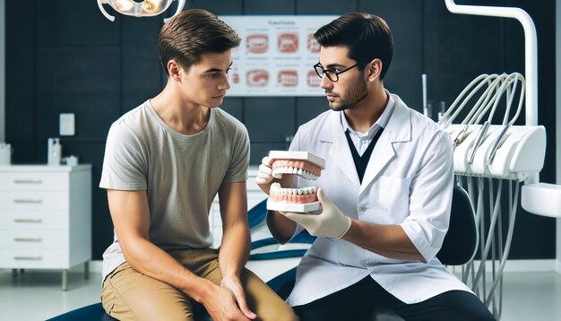 Foto consulta del paciente con un dentista o ortodontista en un consultorio dental moderno