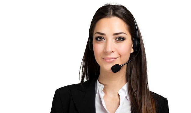 consultor de call center en auriculares en blanco