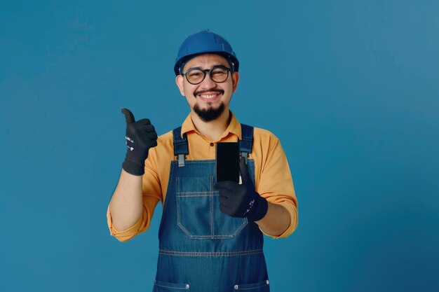 Foto consultor feliz con ropa de trabajo y teléfono mostrando el pulgar hacia arriba aplicación de entrega en línea para reparaciones en el hogar