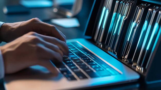 Consultor informático que configura un sistema de gestión de documentos virtuales (DMS) con una computadora portátil que representa soluciones empresariales modernas
