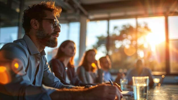 Consultor de negocios guiando un taller de Handson con participantes comprometidos al atardecer