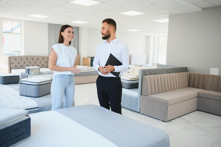 Foto un consultor de ventas profesional aconseja a un cliente en una tienda de muebles