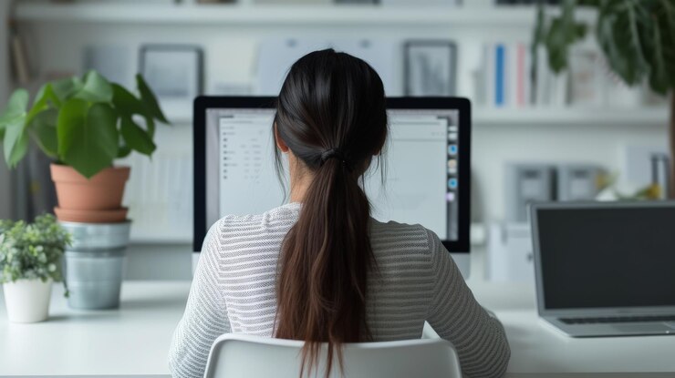 Consultoras junior asiáticas sentadas frente a la computadora Apple haciendo investigación en Internet la pantalla de la computadora no debe enfrentarse a la cámara en una oficina de negocios de tema blanco con decoración moderna