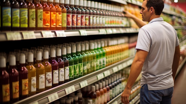 Consumidora inteligente analizando los precios nutricionales y los ingredientes en una tienda de comestibles