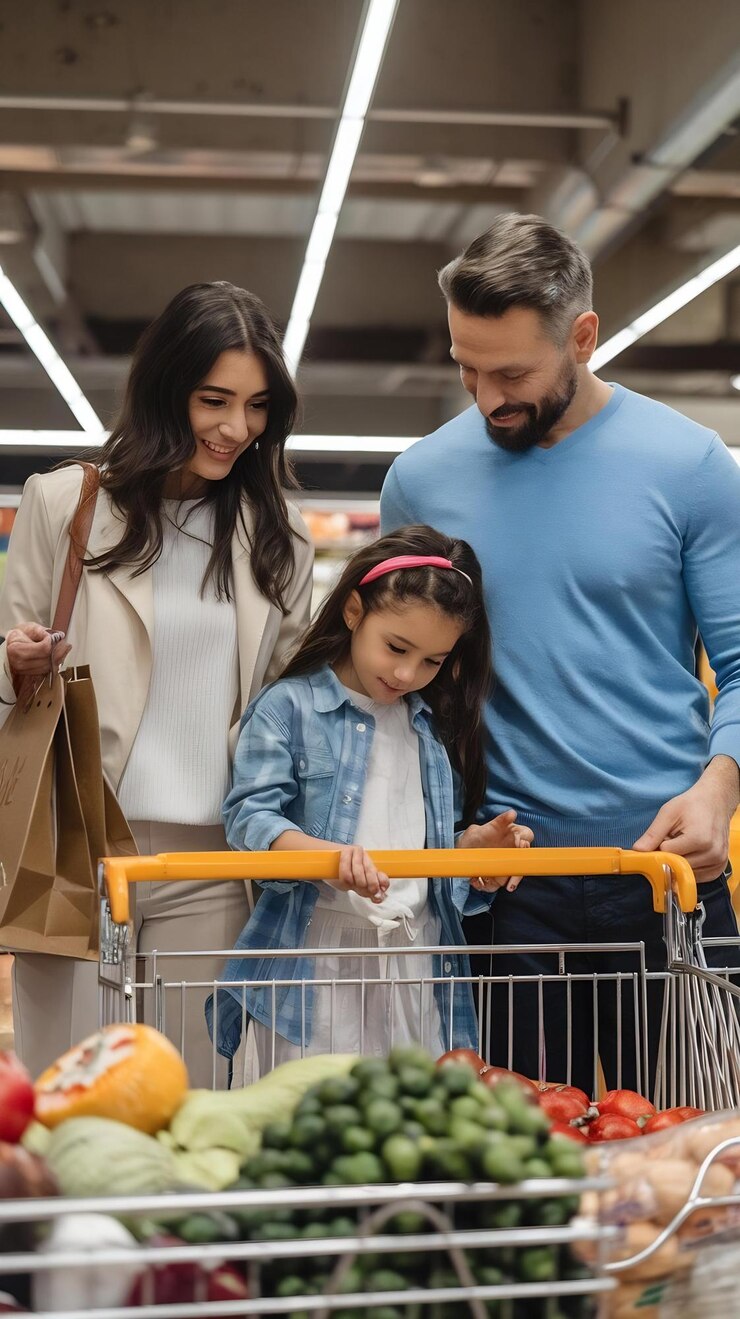 Foto consumismo e conceito de pessoas família feliz com criança comprando comida no supermercado