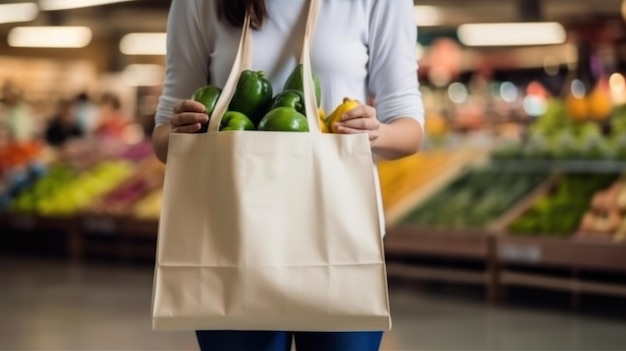 Foto consumo, alimentação e conceito ecológico mulher com saco de lona reutilizável branco para comprar alimentos através de supermercado no fundo