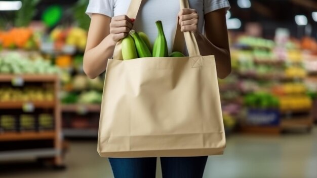 Foto consumo, alimentação e conceito ecológico mulher com saco de lona reutilizável branco para comprar alimentos através de supermercado no fundo