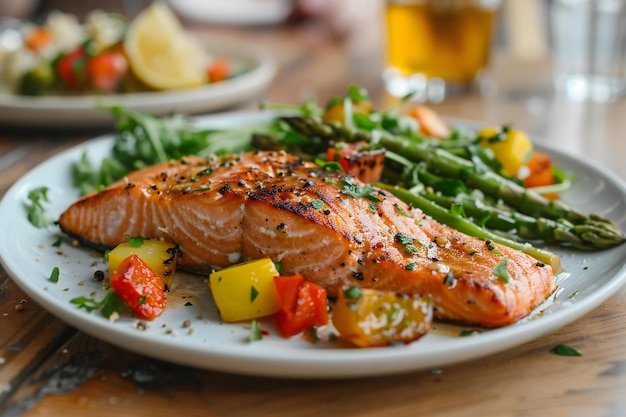 Consumo de alimentos saludables concepto de pescado salmón con espárragos y verduras en plato blanco sobre ba de madera