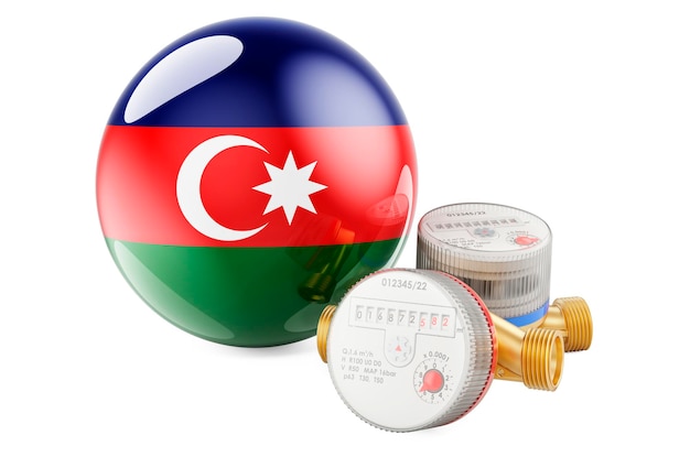 Consumo de água no Azerbaijão Medidores de água com renderização em 3D da bandeira do Azerbaijão