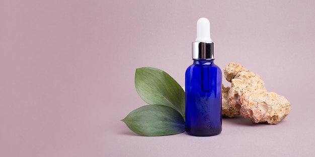 Conta-gotas de óleo de vidro cosméticos perto do pódio de pedra natural e conceito amigável verde brilhante leafseco