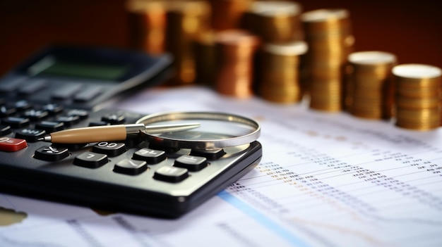 contabilidade financeira calculadora de lupa moedas e caneta em fundo de madeira