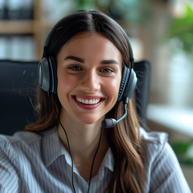 Contacte-nos com o CRM Feliz jovem mulher do centro de chamadas