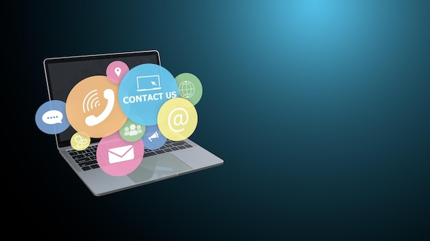 Contacte con nosotros o correo electrónico concepto de marketing Página web línea directa de soporte al cliente en línea Ilustración de fondo de gradiente con computadora y contacto con nosotros icono correo electrónico dirección de teléfono icono de mensaje de chat