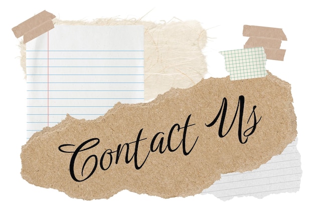 Contacte con nosotros png pegatina de palabras tipografía collage de papel estético fondo transparente