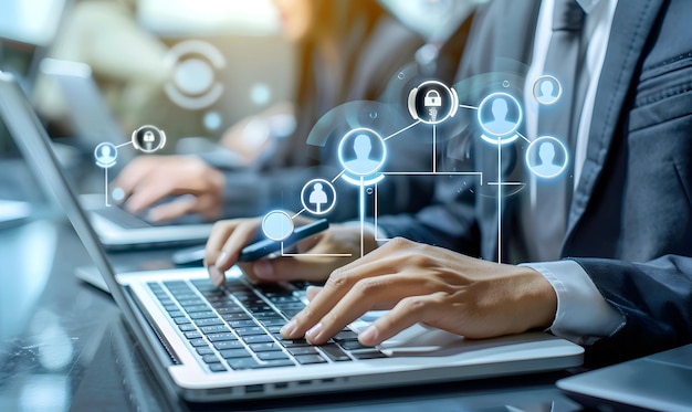 Contacte con nosotros trabajos o conectado línea directa de soporte al cliente empresario usando portátil y tocando contacto