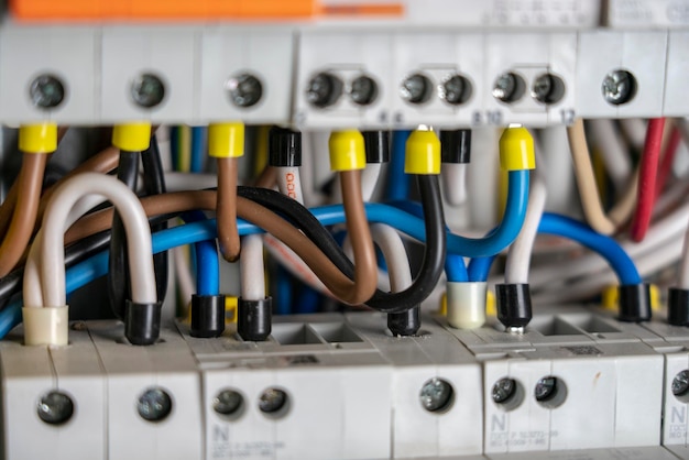 Contacto dos terminais com os disjuntores de circuitos elétricos no painel de comutação elétrica que fornece um fornecimento seguro