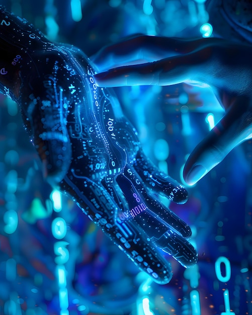 Contacto entre una mano cibernética una mano humana Tecnologías y concepto de inteligencia artificial