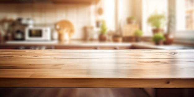 Contador de cocina borroso con una superficie de mesa de madera