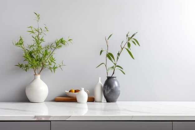 Contador de cocina gris pastel mármol blanco con plantas fondo vacío con espacio de copia