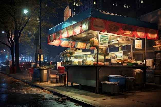 Foto contador con comida para llevar en las calles de la ciudad nocturna