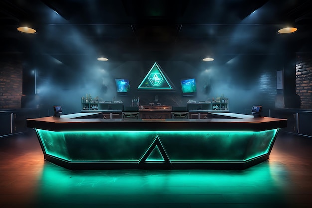 Contador de bar brilhante de néon em sala escura Renderização 3D