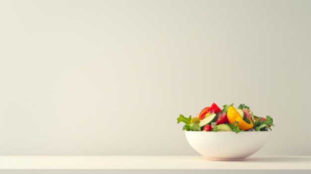 Contador de cozinha minimalista com elegante tigela de salada colorida