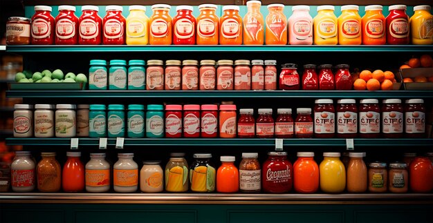 Foto contador de frutas, bebidas, sucos e geleias em exibição em um supermercado, imagem gerada por ia