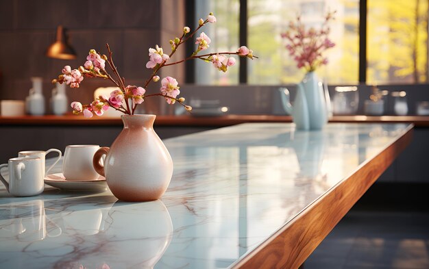 Contador de ilha de cozinha com conjunto de café e flores em vaso decorado em cozinha moderna