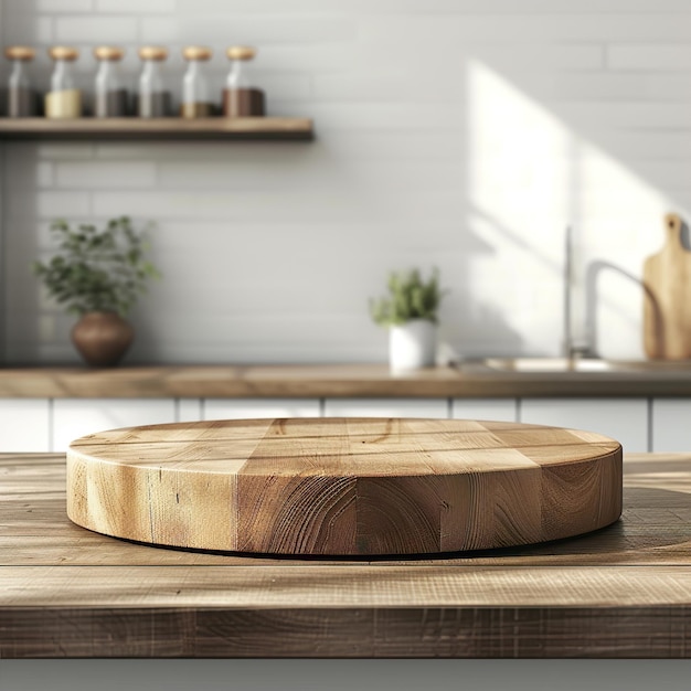 Contador de mesa de madeira redondo vazio no interior em fundo de cozinha limpo e brilhante