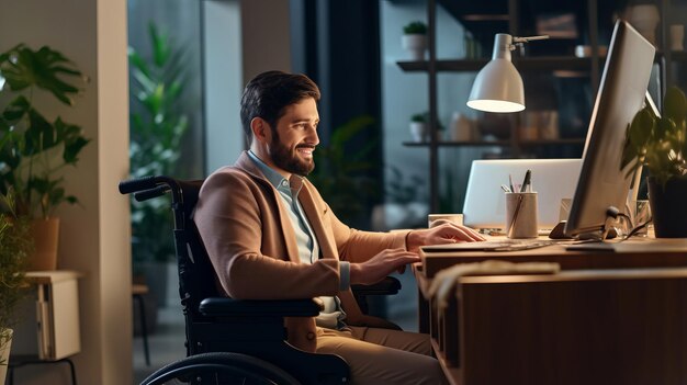 Contador discapacitado trabajando en una computadora en silla de ruedas en casa