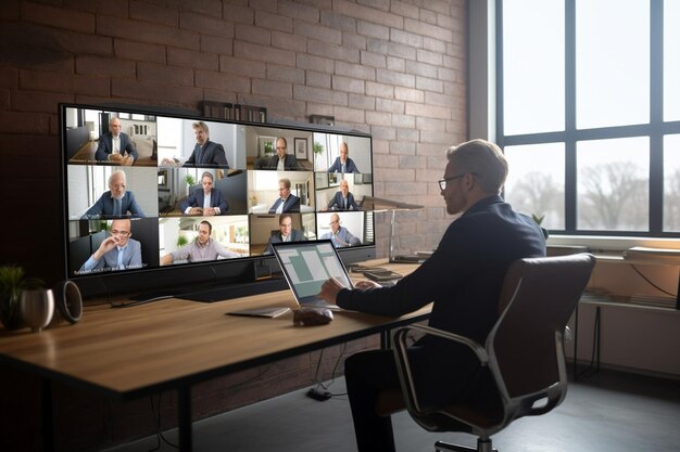 Foto un contador hablando con sus colegas en una videoconferencia en línea en la oficina