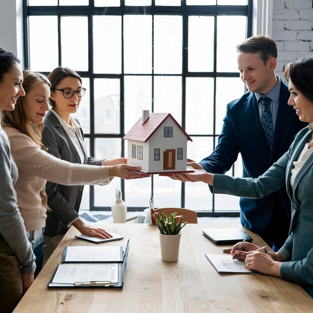 Contador hombre de negocios agente de bienes raíces mujer de negocios entregando casa modelo