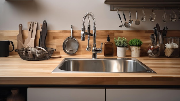 Contador de madera con fregadero de plata diferentes utensilios y botellas de aceite cerca de la pared de luz en la cocina generativa ai