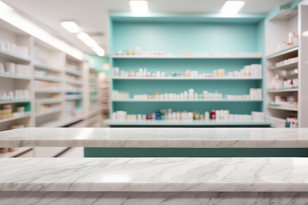 Foto contador de mármol blanco vacío con fondo borroso de los estantes de las farmacias
