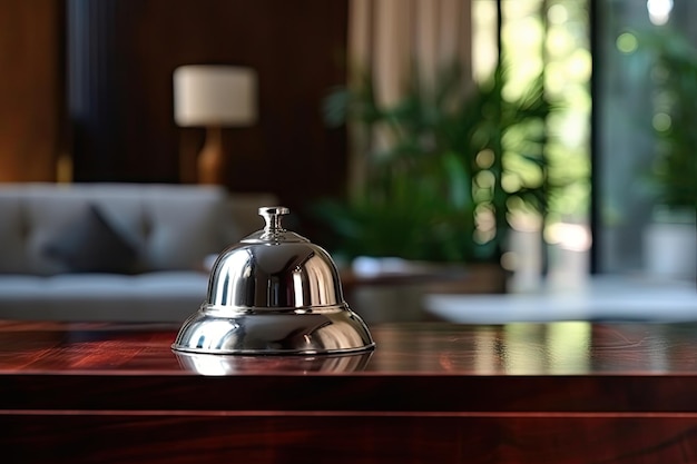 Contador de recepción de hotel retro con campana campana de servicio vintage campana de llamada de plata en la mesa de recepcionistas ilustración generativa de IA