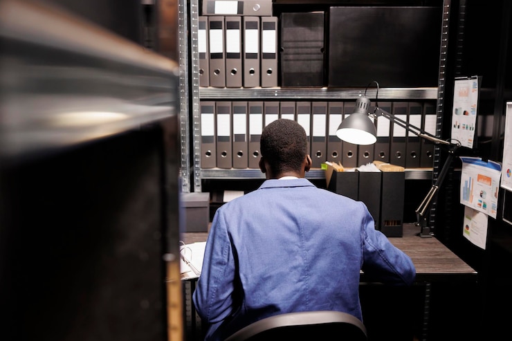 Foto contador sentado en el escritorio en la sala de almacenamiento, trabajando en el registro burocrático, leyendo archivos con informe administrativo. gerente afroamericano analizando documentos contables en depósito corporativo