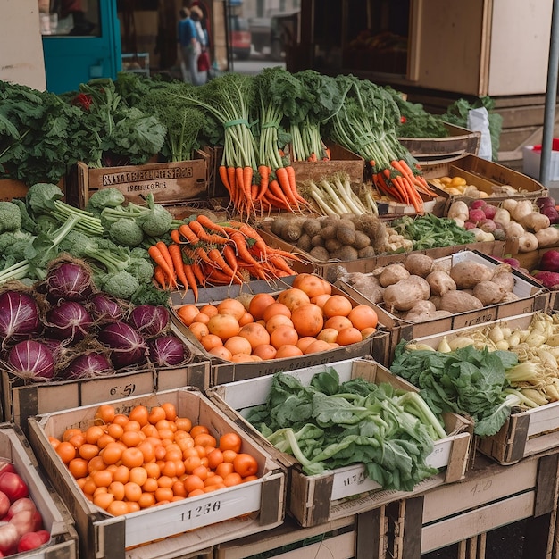 Contador de una tienda de verduras de la calle frutas y verduras maduras frescas en cajas de primer plano