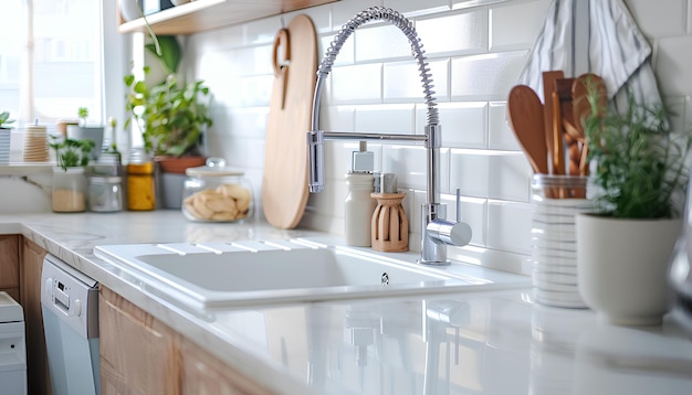 Contadores blancos con fregadero y utensilios en el interior de la cocina moderna