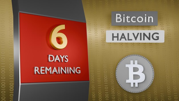 Foto contagem regressiva de bitcoin para metade lembrete 6 dias restantes conceito renderização 3d